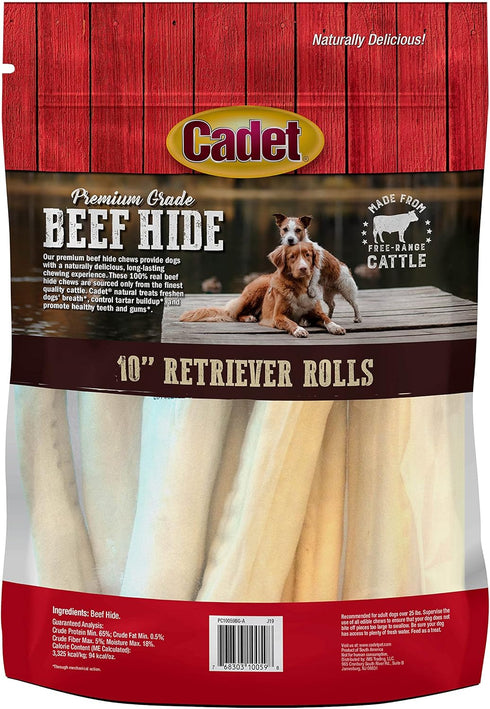 10-Inch, 8 Count Cadet Premium Grade Beef Hide, Long-Lasting Rawhide Rolls, Single-Ingredient Dog Chews for Large