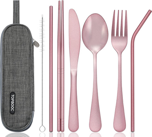 Portable Stainless Steel Flatware Set, Travel Camping Cutlery with Waterproof Case, Pink, Portable Utensil Dinnerware