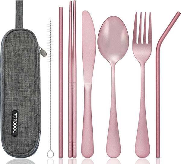 Portable Stainless Steel Flatware Set, Travel Camping Cutlery with Waterproof Case, Pink, Portable Utensil Dinnerware
