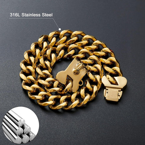 Gold Chain Dog Collar 19mm, 18K Cuban Link with Secure Snap Buckle for Small Medium Pitbull (26")
