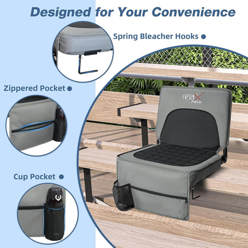 Stadium Seats with Back Support and Cushion, Folding Stadium Chair Includes Shoulder Strap and Cup Holder, Portable