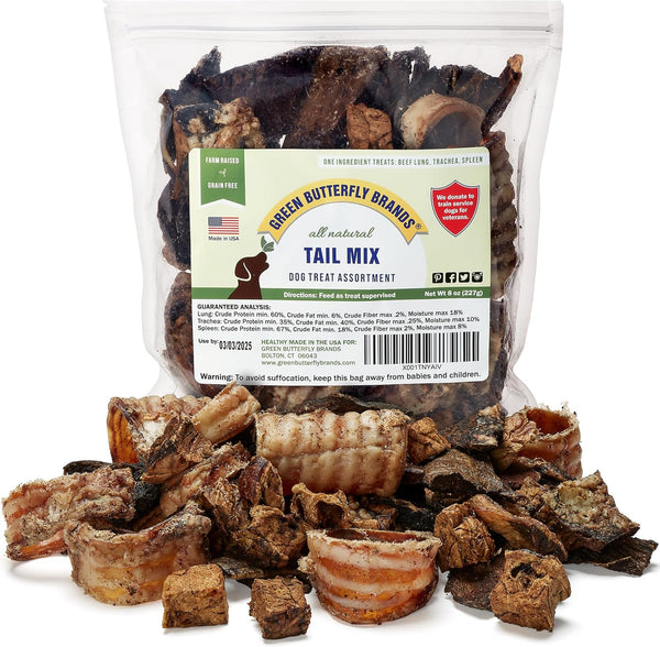 Tail Mix Dog Treats Made in USA All Natural Beef Bites 1 Ingredient Grain Free Assortment Beef Lung, Trachea and Spleen