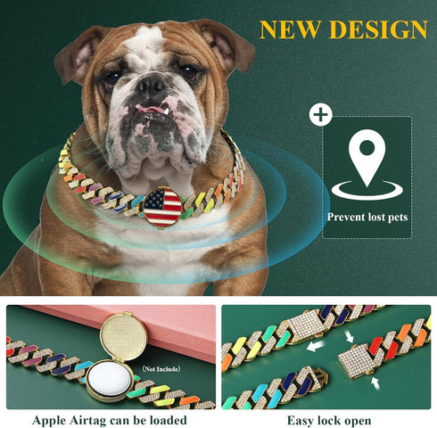Gold Chain Dog Collars with Personalized Diamond - Cuban Link 19MM Heavy Duty Chew Proof, AirTag Holder (XL: 22"-26")