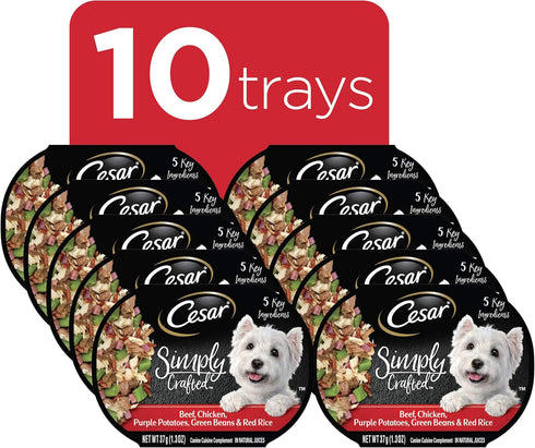 CESAR SIMPLY CRAFTED Adult Soft Wet Dog Food Meal Topper, Beef, Chicken, Purple Potatoes, 10 Tubs, 1.3 oz