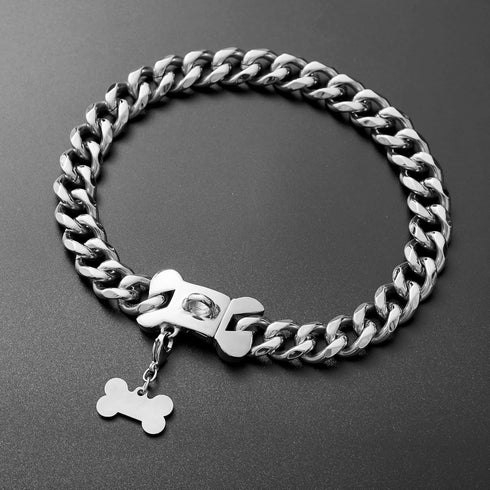 Heavy Duty Stainless Steel Cuban Silver Link Dog Collar, Personalized Dog Tag, for Small Medium Large Dogs