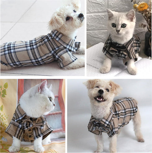 Soft Casual Dog Plaid Shirt, Gentle Western Pet Clothes, Cotton Dog Shirt with Bow Tie for Wedding, Christmas Costumes