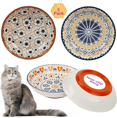 Nonslip Cat Bowls - Ceramic Whisker Friendly Shallow Cat Food Dish, 3PCS Anti Whisker Fatigue, Nonskid