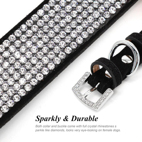 Pet Artist Cute Girl Rhinestone Suede Dog Collar, Soft Flower Bling Collar for Small Dogs Cats, Black Collar, S: Neck