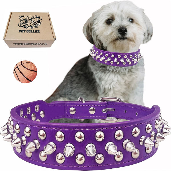 TEEMERRYCA Adjustable PU Leather Spiked Studded Dog Collars with Squeak Ball Gift for Small Medium Large Pets, Purple