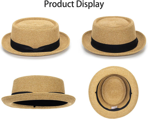 Pork-Pie-Hat-for-Men-Women Straw-Boater-Hat - Classic Boater Derby Sun Hats with Grosgrain Band Khaki