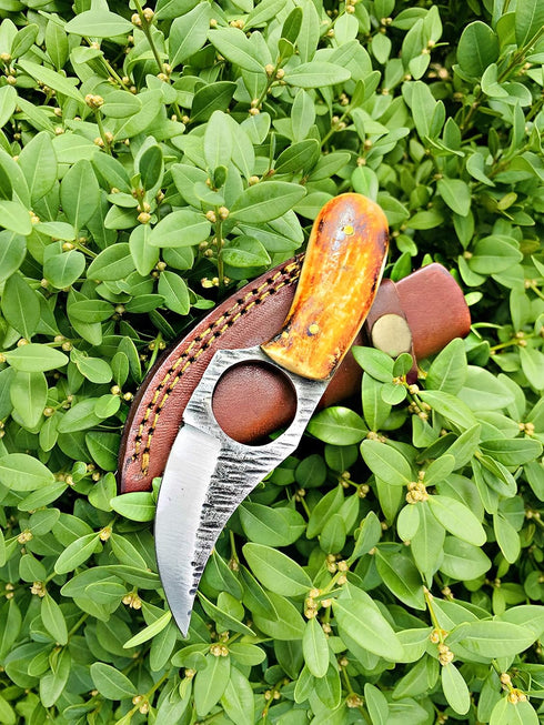 Titan International Skinning Knife - Small Fixed Blade Hunting Knife with Burnt Bone Handle & Leather Sheath