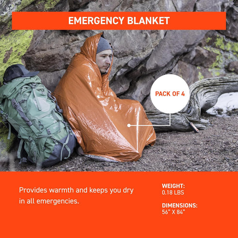 Survive Outdoors Longer Emergency Blanket - 90% Heat Reflective, Waterproof & Windproof, 56" x 84", 4 Pack, Orange
