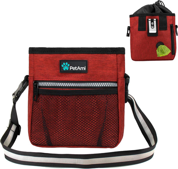 PetAmi Dog Treat Pouch, Training Bag Holder for Kibbles, Poop Bag Dispenser, 3 Ways to Wear (Red)