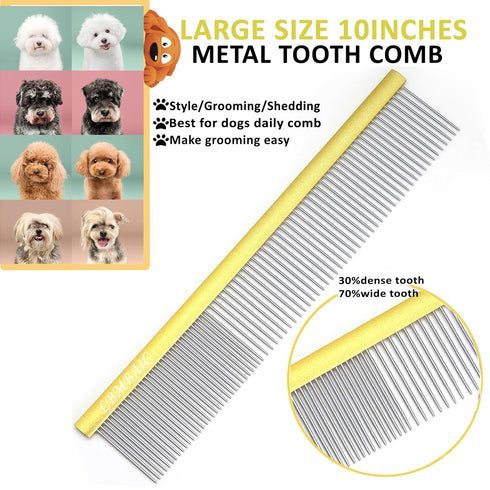 10in Large Dog Grooming Comb for Shedding, Metal Comb with Long Wide Tooth for Poodles and Goldendoodles, Gold