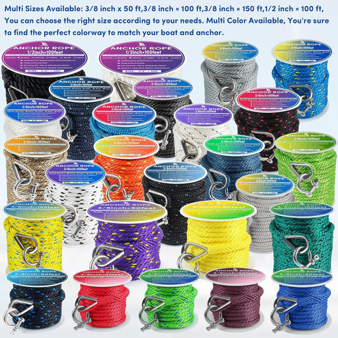 Premium Anchor Rope 50ft x 3/8 inch, Solid Braid MFP Marine Rope, Boat Anchor Line with Thimble & Shackle