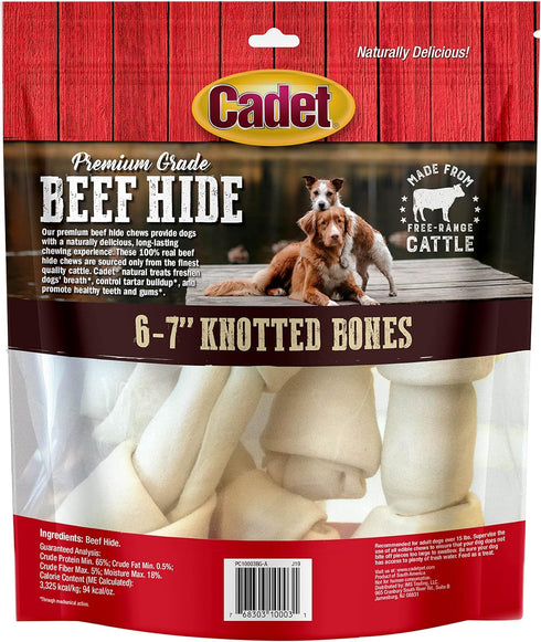 Cadet Premium Grade Beef Hide for Dogs, 6"-7" Long Lasting Rawhide Knotted Bones, 4 Pack