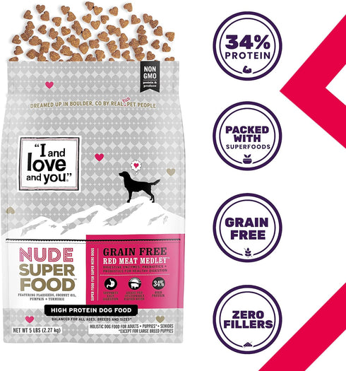 I and love and you Nude Super Food Dry Dog Food, Red Meat Medley, Grain Free, Prebiotic + Probiotic, 5lb Bag