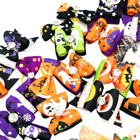 50Pcs Halloween Small Dogs Hair Bows, Puppy Hair Bow Ties with Pumpkin Skull Bat Ghost for Pet Grooming