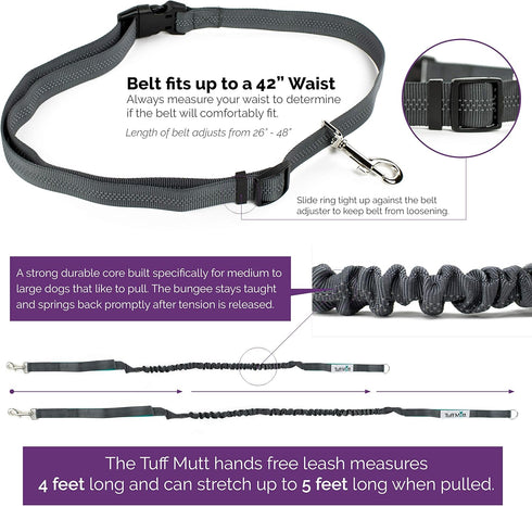 Tuff Mutt Hands-Free Waist Leash for Dog Walking, Running, Hiking - Adjustable Belt with Double Handle for Large Dogs