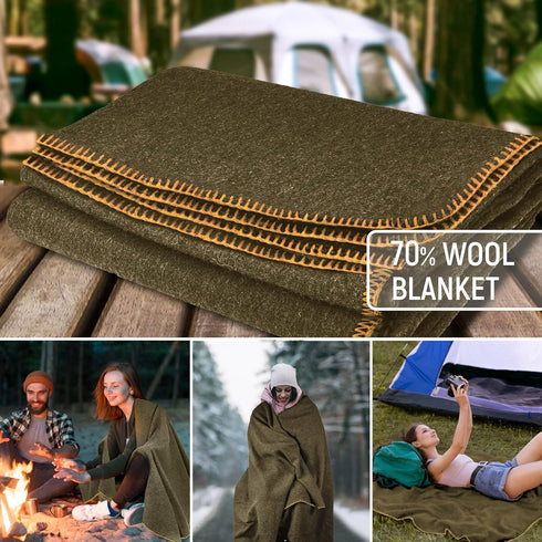 JMR Wool Camping Blanket, Warm Heavy Car Blanket & Camp Quilt, 70% Wool, Olive Green, 62X84