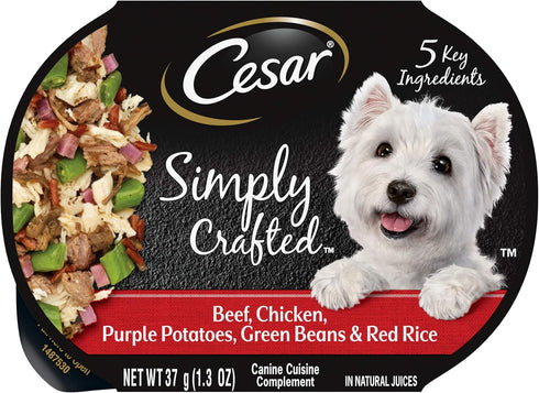 CESAR SIMPLY CRAFTED Adult Soft Wet Dog Food Meal Topper, Beef, Chicken, Purple Potatoes, 10 Tubs, 1.3 oz