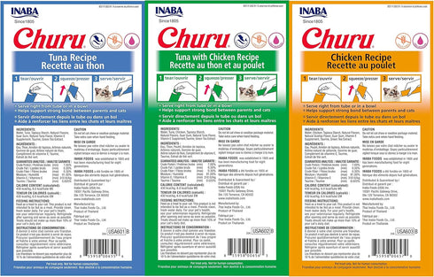 INABA Churu Lickable Purée Natural Cat Treats Tuna & Chicken 3 Flavor Assortment of 12 Tubes