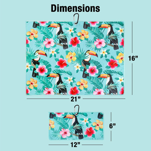 Fun Golf Towel Set of 2, Microfiber Waffle and Ball Towels for Golf Bags, Tropical Toucan Bird Accessories