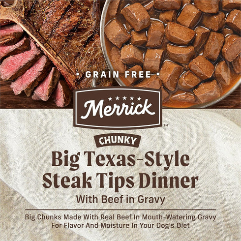 (Pack 12) 12 Merrick Chunky Grain Free Premium And Wholesome Canned Dog Food, Real Meat Big Texas Steak Tips Dinner
