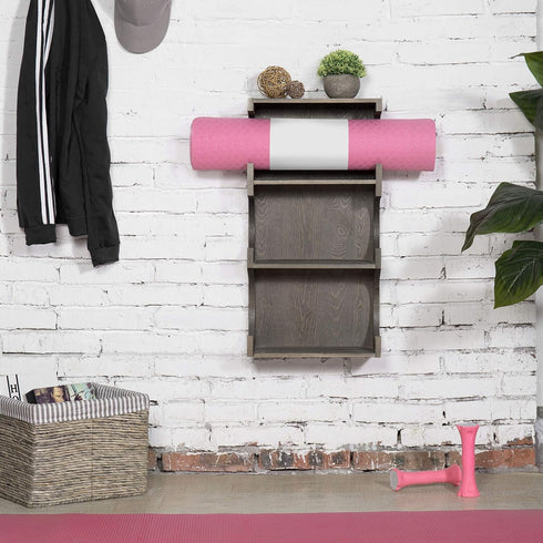MyGift Wall Mounted Vintage Gray Wood 3-Tier Foam Roller, Yoga Mat Hanging Rack with Display Shelf