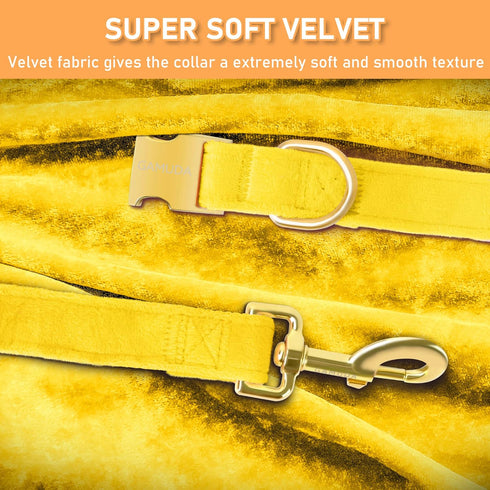 GAMUDA Velvet Dog Collar and Leash, Super Soft Heavy Duty with Gold Buckle, Adjustable Collar for Dog (XS, Yellow)