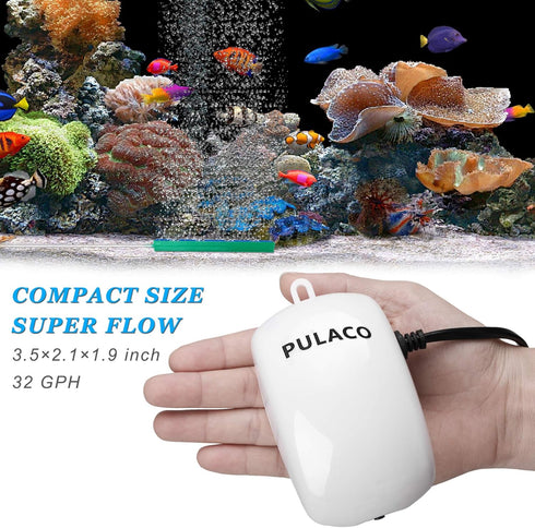 PULACO Ultra Quiet Mini Aquarium Air Pump for 1-20 Gallon Fish Tank with Air Tube, Bubbler Stone & Check Valve