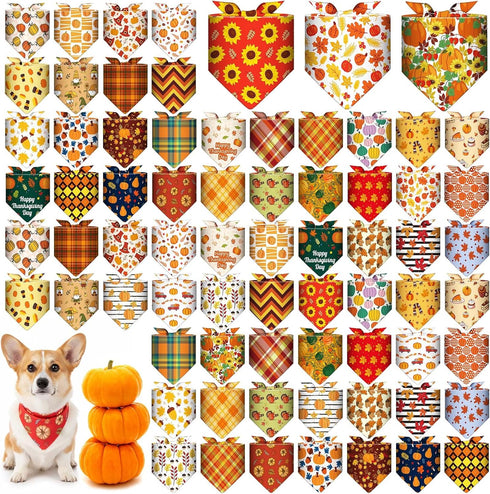Sanwuta 72 Pcs Thanksgiving Dog Bandana Bulk Washable Puppy Triangle Scarfs Thanksgiving