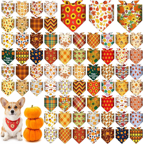 Sanwuta 72 Pcs Thanksgiving Dog Bandana Bulk Washable Puppy Triangle Scarfs Thanksgiving