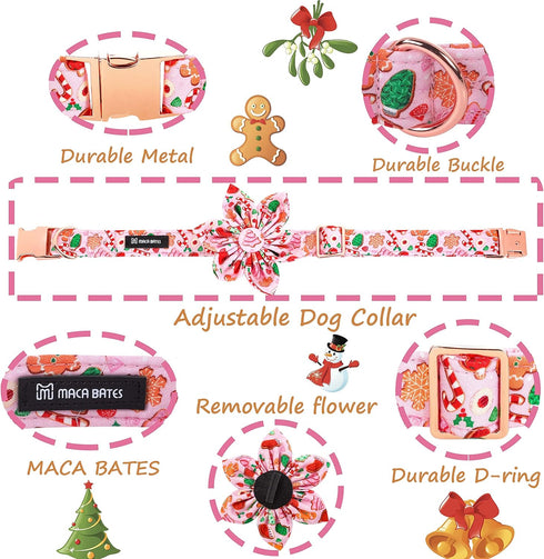 Maca Bates Flower Christmas Dog Collar with Flowers for Dogs Sailor Adjustable Breakaway Collars Accessories Gift for Small Medium Large XL Puppy with Golden Metal Buckle