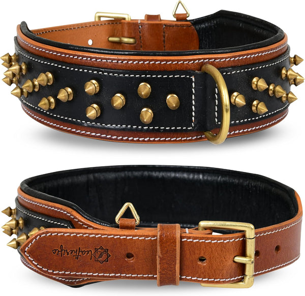 Spike Dog Collar | Spiky Series | Premium Genuine Bridle Leather, Heavy Duty, Padded for Medium, Large, XL Breeds