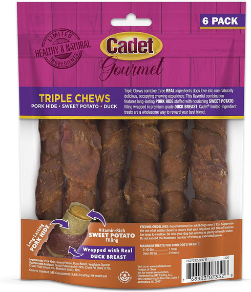 Cadet Gourmet Triple Chews Pork Hide, Sweet Potato, & Duck Dog Treats, Healthy for Small & Large Dogs