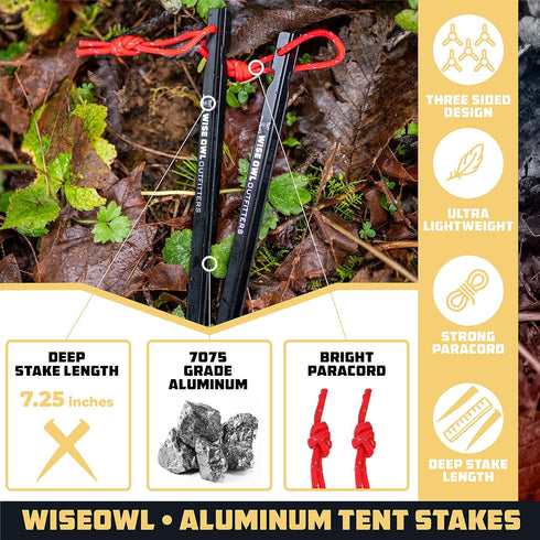 Wise Owl Outfitters Tent Stakes - Heavy Duty Camping Stakes for Outdoor Tent & Tarp - Essential Camping Accessories, Available in 12pk or 16pk Black by Wise Owl Outfitters