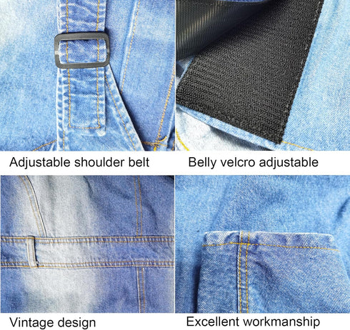 Classic Dog Jeans Overall for Medium Large Dogs, Pet Denim Jumpsuit Onesies Clothes Costumes, Blue Vintage Washed