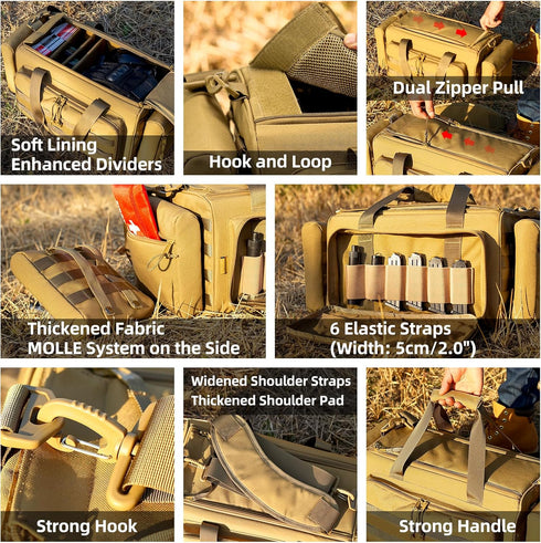 Range Bag for Handgun Ammo Shooting, L/XL Gun Case Carry 5+ Pistols with Lockable Zipper Molle Strap