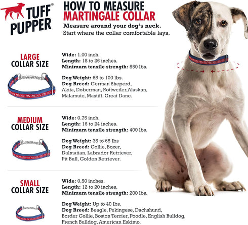 Tuff Pupper Martingale Collar for Dogs, Adjustable No Pull Training Collar, Gentle Nylon & Steel Chain, Large (18-26"