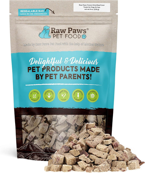 Raw Paws Freeze Dried Beef Liver Dog & Cat Treats, 8-Ounce, Made in USA, Small Liver Bites for Training & Diabetic Dogs