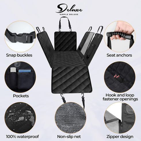 Simple Deluxe Dog Car Seat Cover for Back Seat, Waterproof Hammock with 3 Pockets, Scratchproof & Nonslip Pet Protector