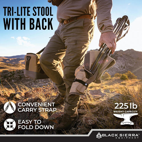 225 LBS Black Sierra Tri-Lite Stool with Back Lightweight, Folding Chair, for in the Hunting Blind, Camping