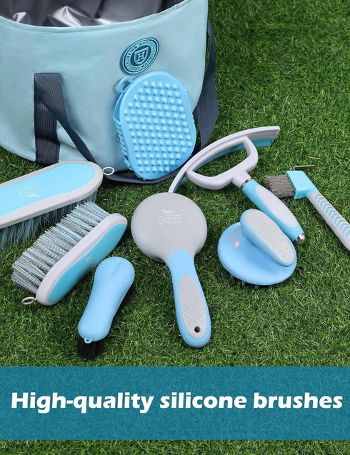 9 Set Harrison Howard Horse Grooming Kit Piece with Tote, Non-Slip Silicone Grip Brush for Horses, Shedding Bathing