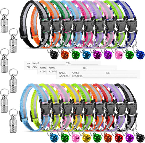 18 Piece Adjustable Reflective Cat Collars with Bell, Durable Nylon Collars with Safety Buckles and 6 Weatherproof ID