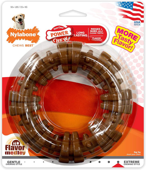 Nylabone Textured Ring Power Chew Toy for Large Dogs, X-Large - 50+ lbs, Durable Chew Bones, Flavor Medley