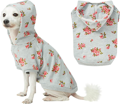 Blueberry Pet Floral Dog Hoodie, Rose Print Pullover Sweatshirt for Small Dogs, 10" Back Length, Stylish Grey