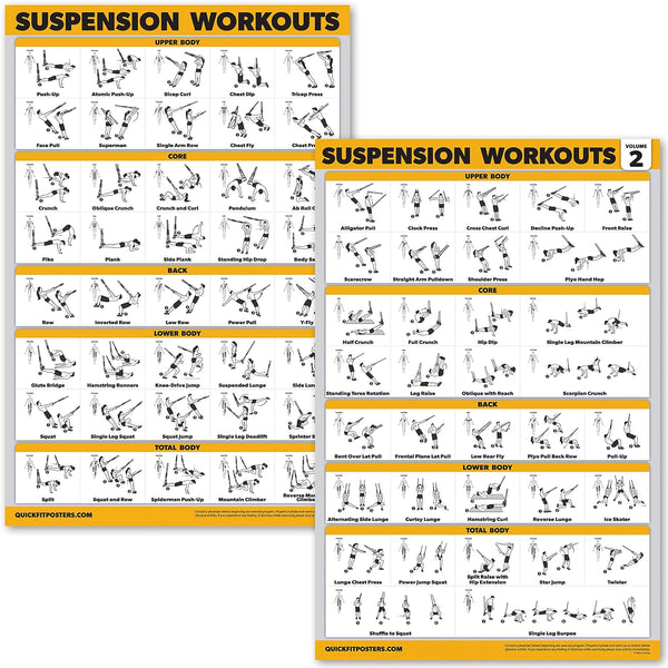 Palace Learning 2 Pack Suspension Workout Posters, Laminated Exercise Charts 18" x 24" Volume 1 & 2