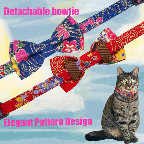 Breakaway Cat Collar with Bell and Detachable Bowtie, Adjustable Safety Kitten Puppy 2pcs Navy Blue & Red