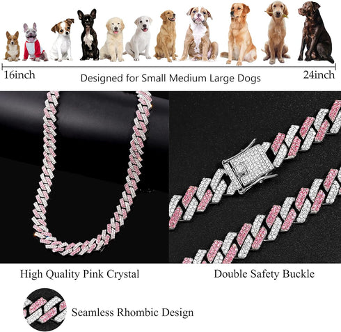 Gold Dog Chain Collar, Diamond Cuban Design, Secure Buckle for Medium Large Dogs, 18inch, Pink-Silver